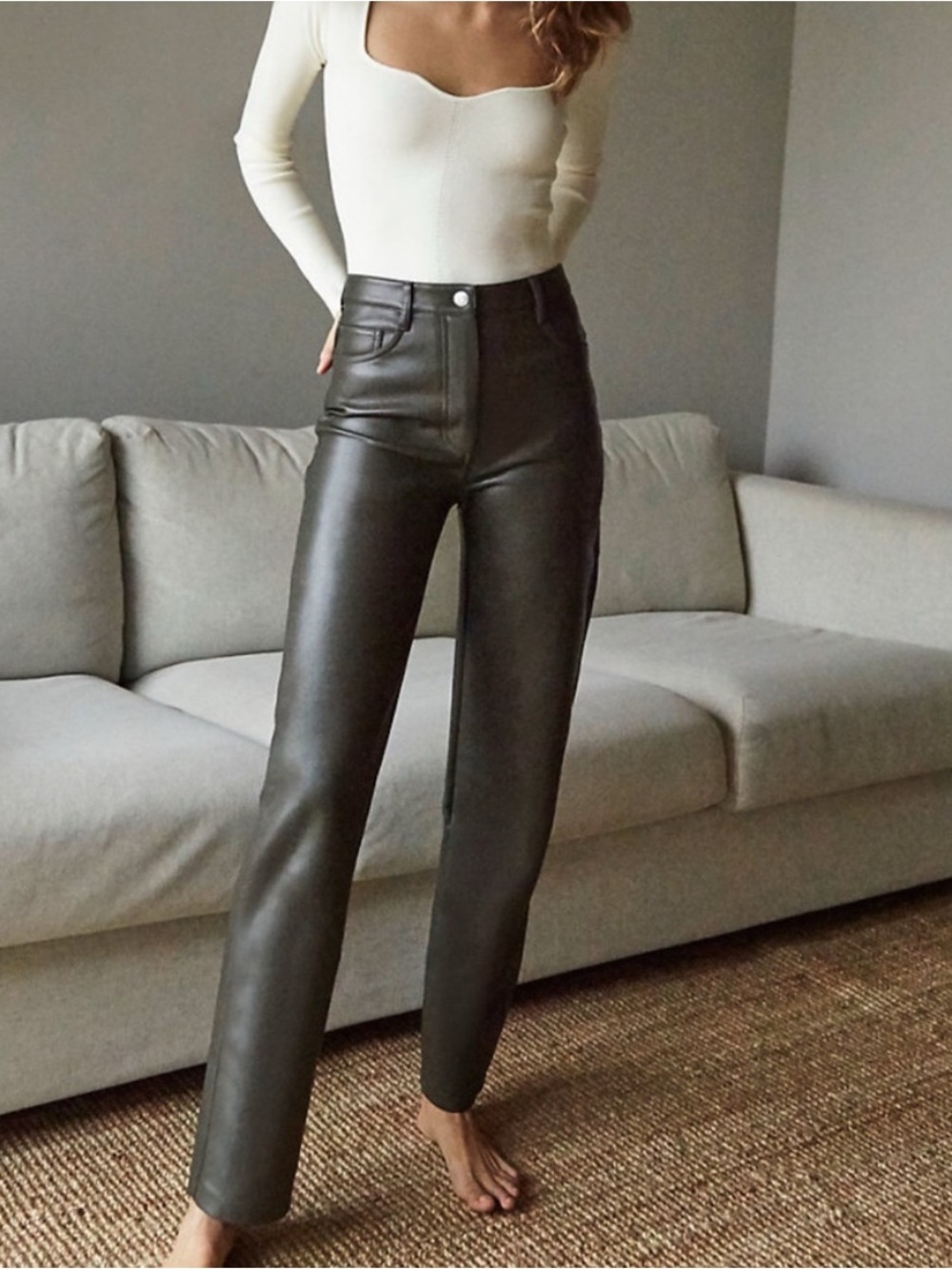 Wilfred Melina Pant Dark Olive Green Faux Vegan Leather Straight Leg Going Out 2